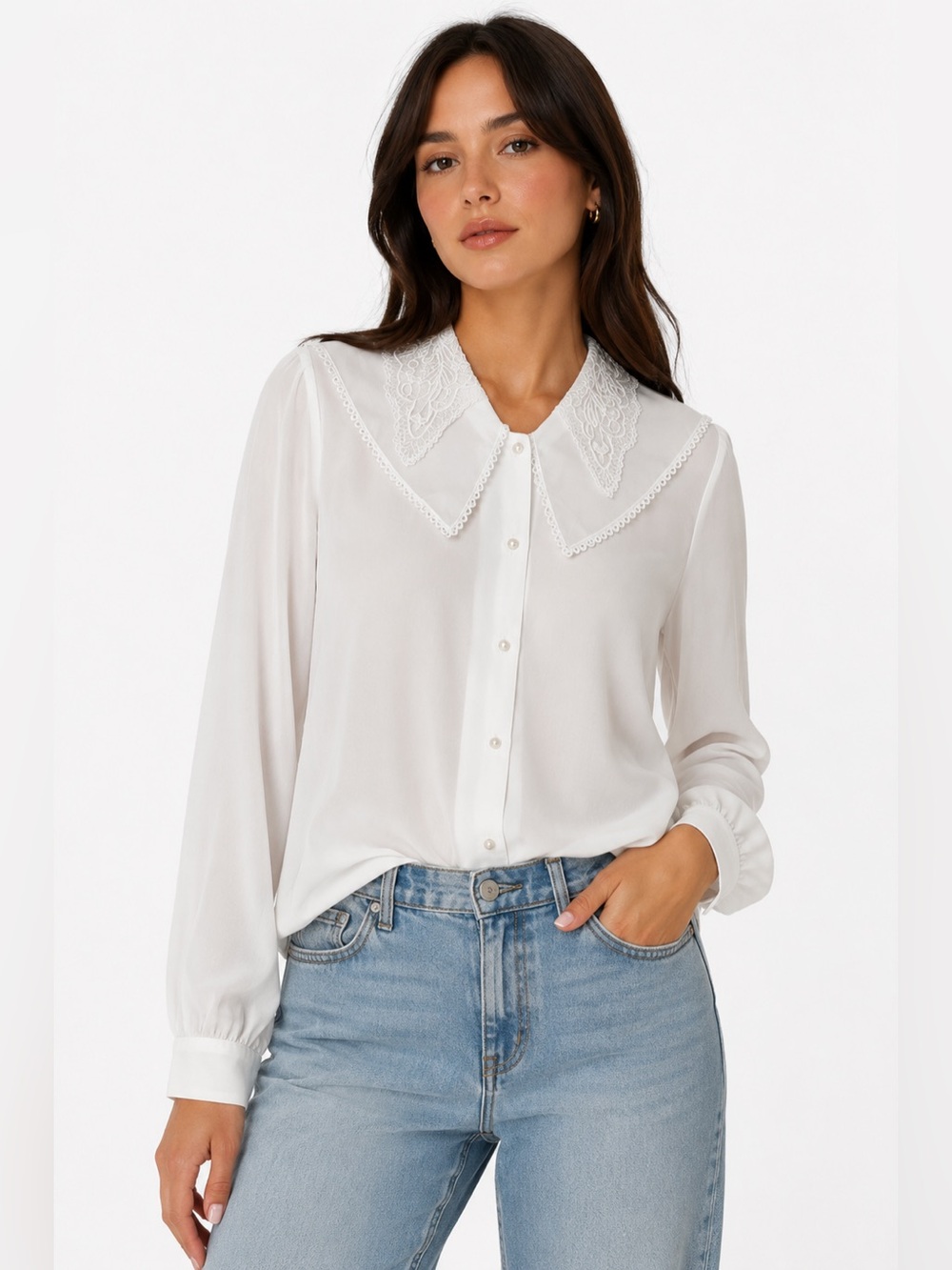 Vintage Feminine Lace Sheer Collar Pearl Button Blouse Cottagecore Prairiecore